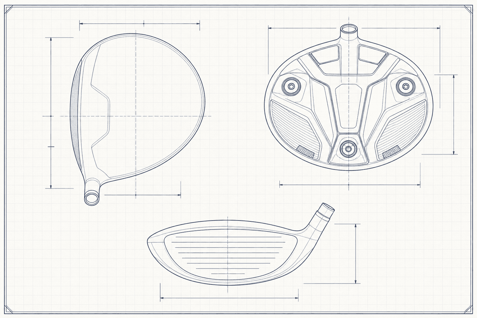Orthographic line drawing of a driver clubhead from three angles, with dimension leaders