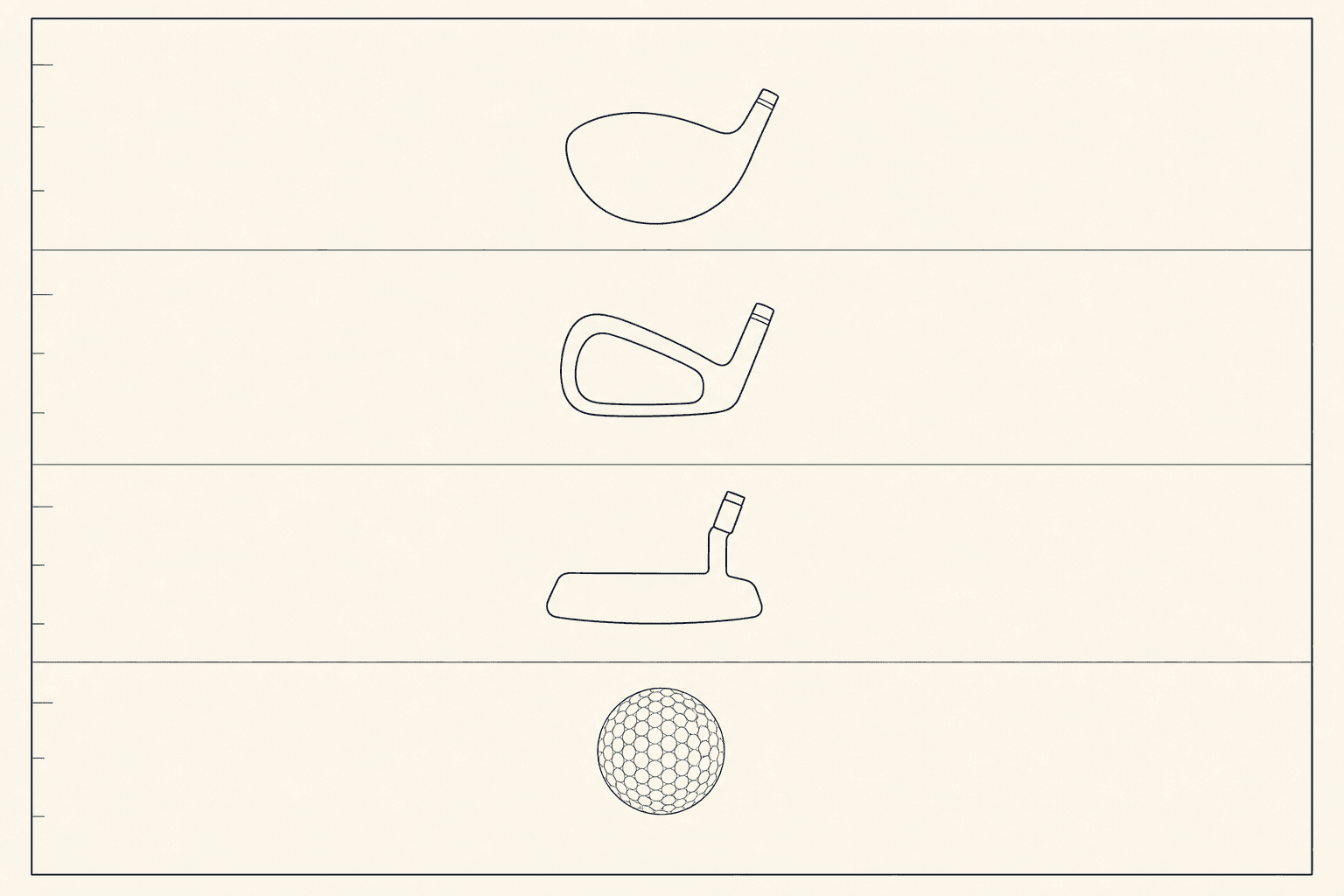 Catalogue plate with hairline outlines of a driver head, an iron head, a putter head and a golf ball